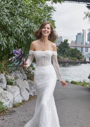Off Shoulder Ivory Glitter Lace Boho Beach Wedding Dress